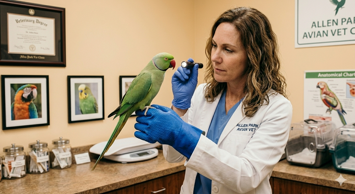 Vet holding a green parrot