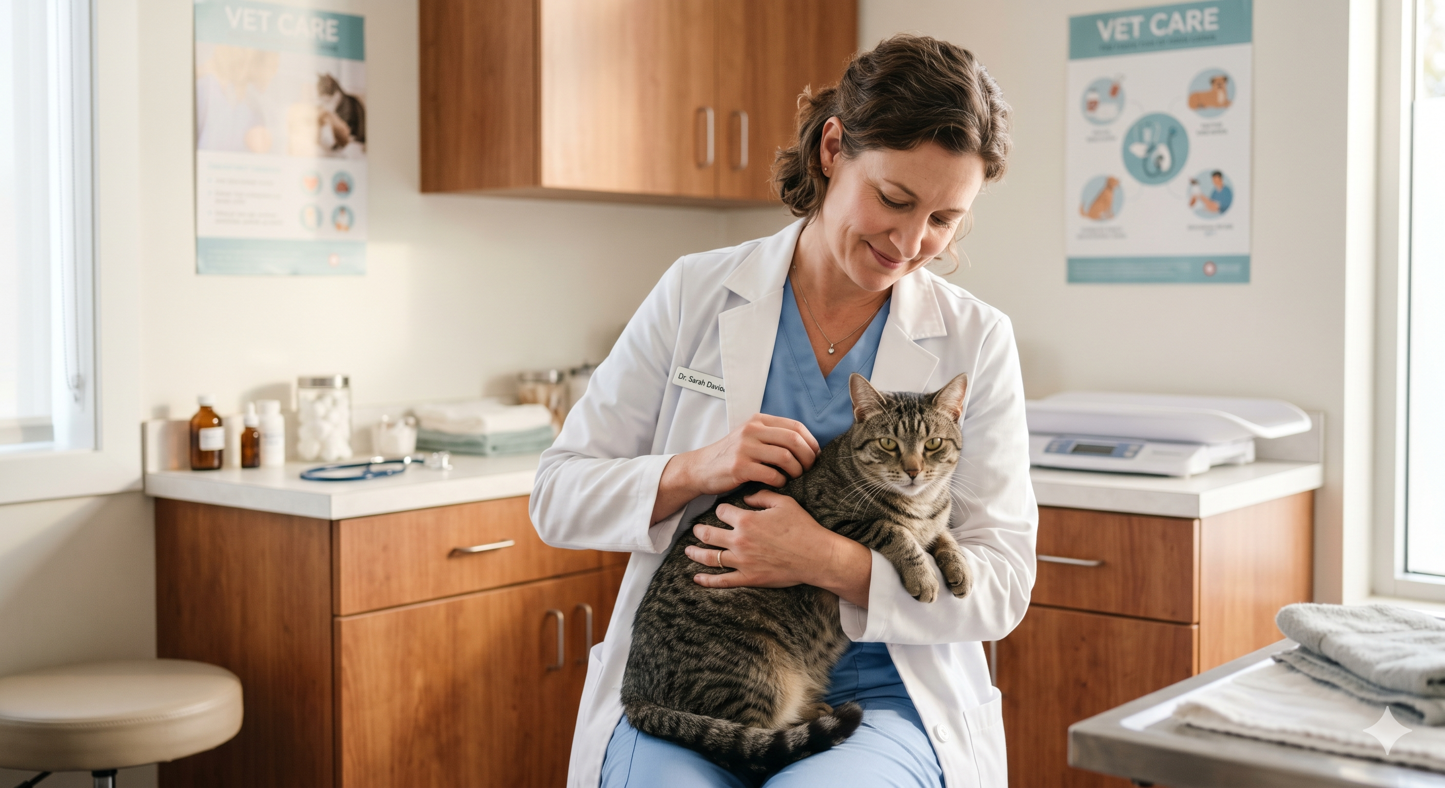 Vet holding a tabby cat in a clinic