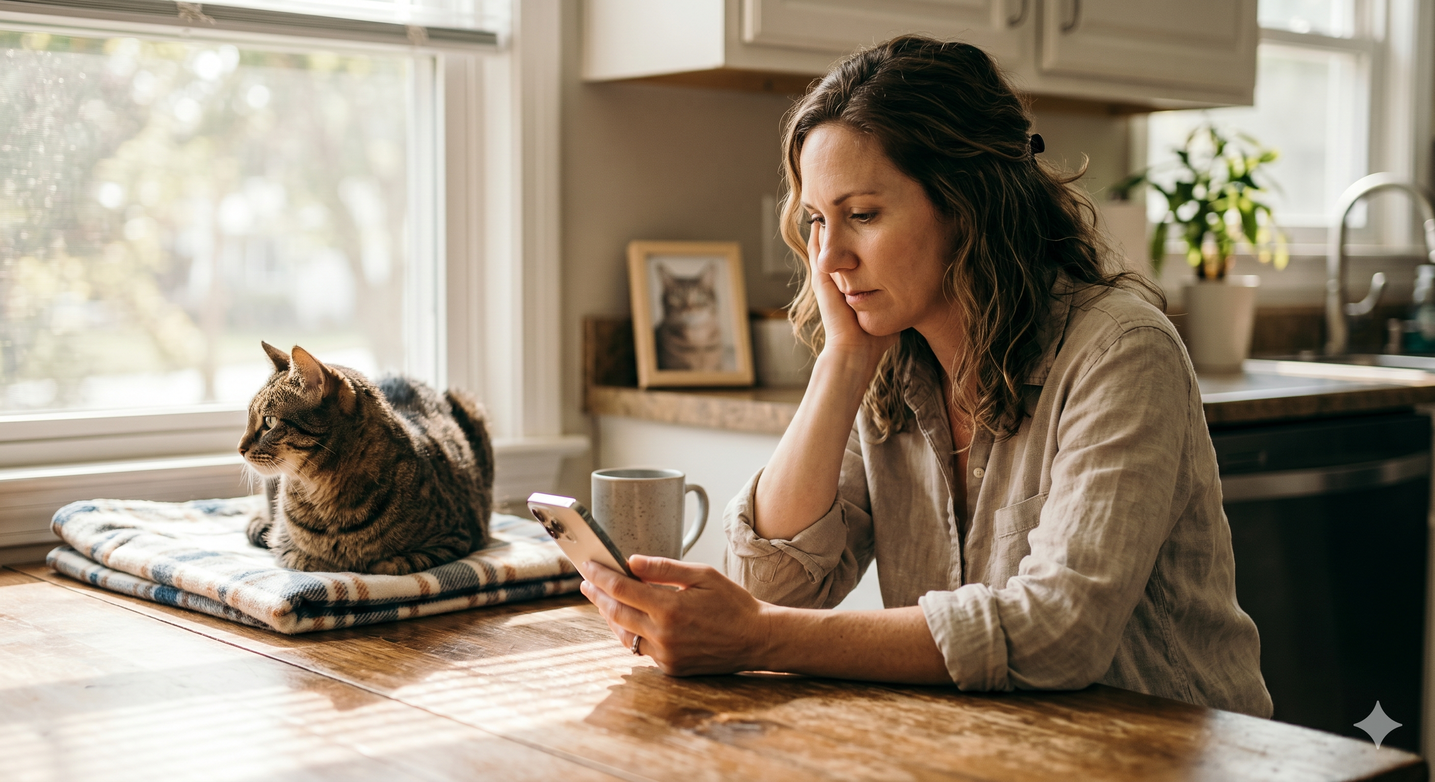 Woman with a cat looking at her phone in a kitchen