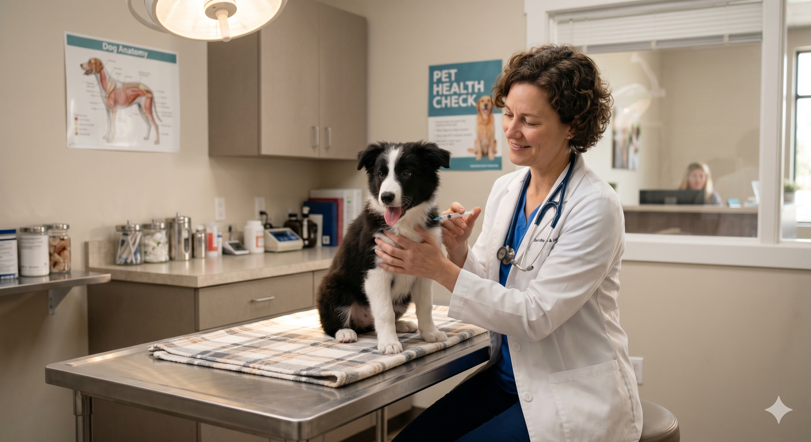 Vet with a border collie puppy during a vaccination visit