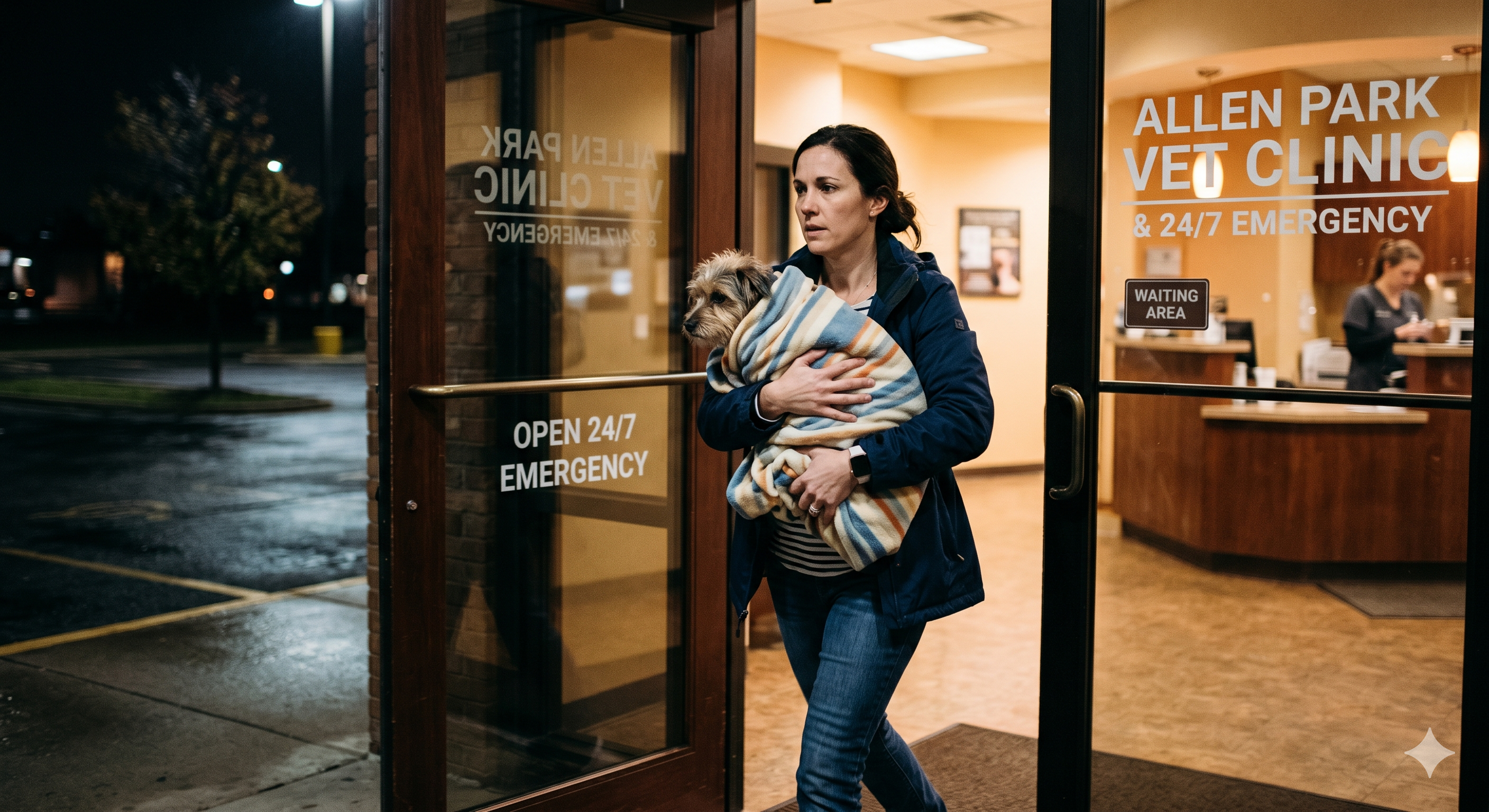 Woman rushing into an emergency vet clinic at night
