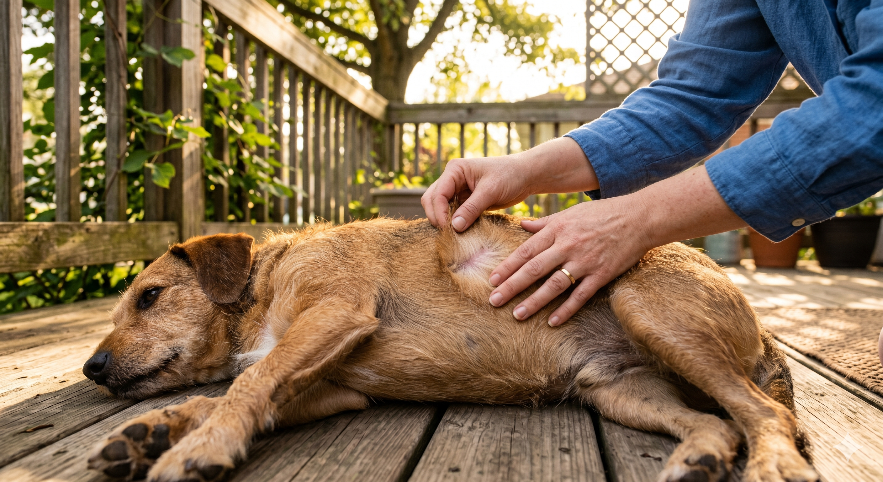 Person checking their dog for fleas and ticks on a porch