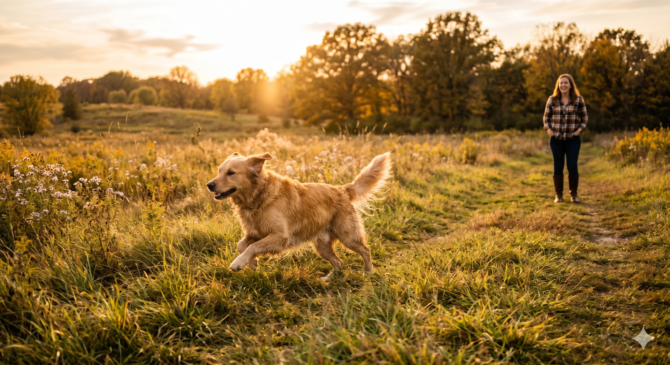 Golden retriever running in a sunny field