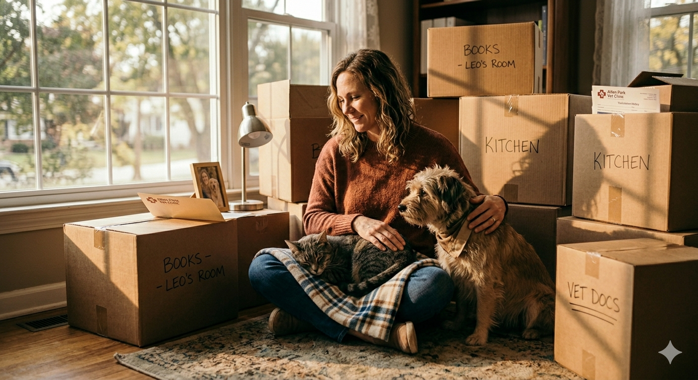 Woman with moving boxes and her cat and dog