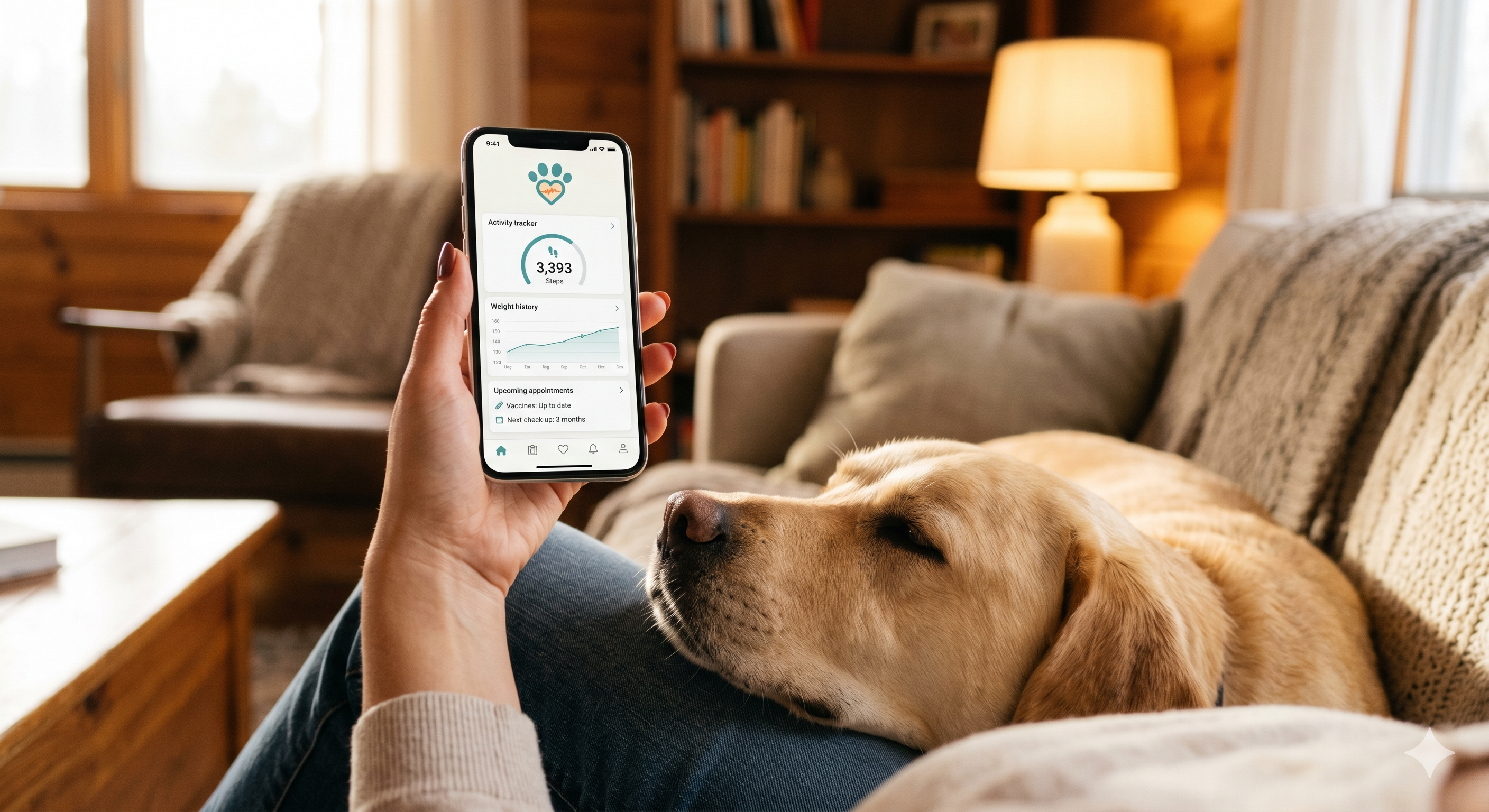 Phone showing a pet app beside a sleeping labrador