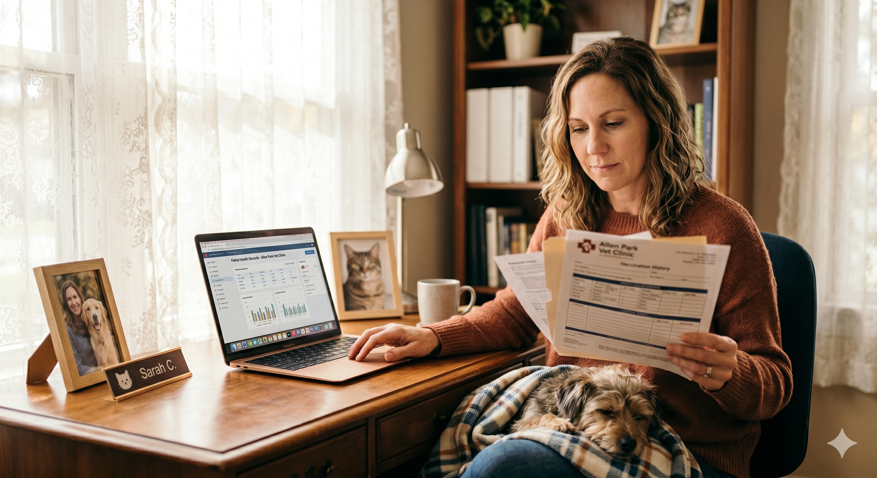 Woman with a laptop and pet insurance paperwork, dog in her lap