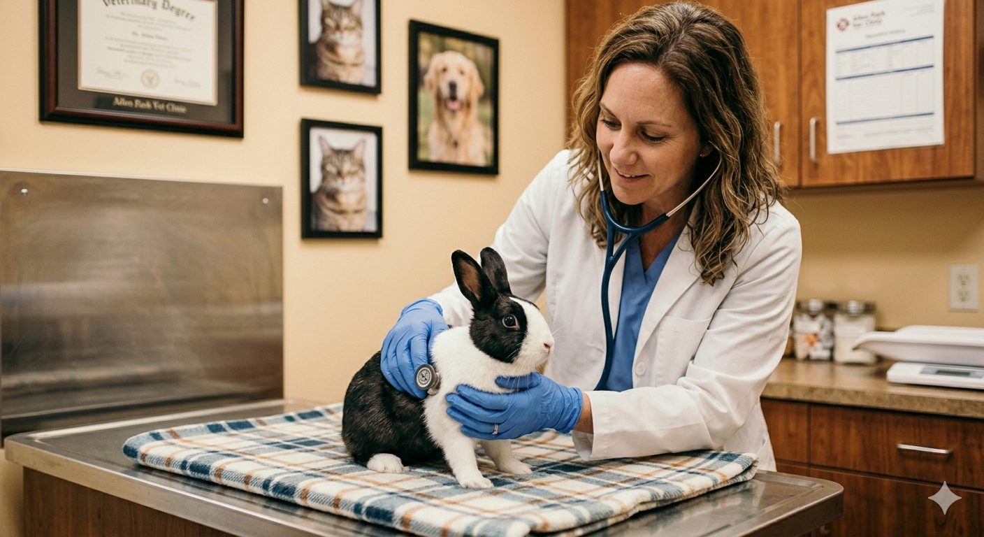 Vet examining a rabbit with a stethoscope