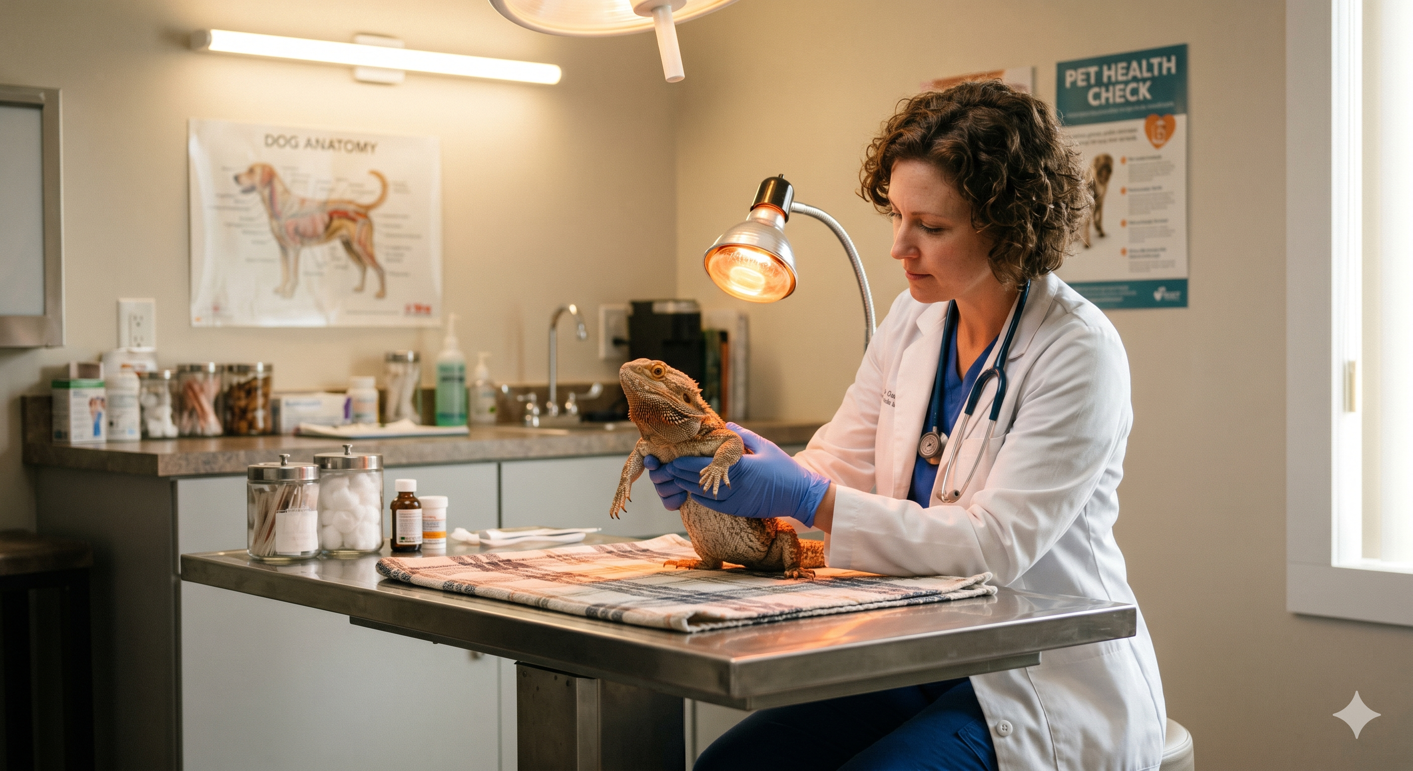 Vet examining a bearded dragon on an exam table