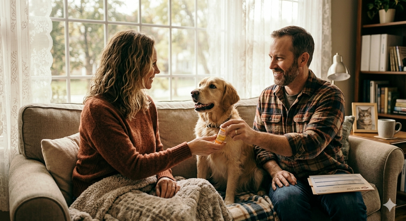 Couple on a couch with a golden retriever