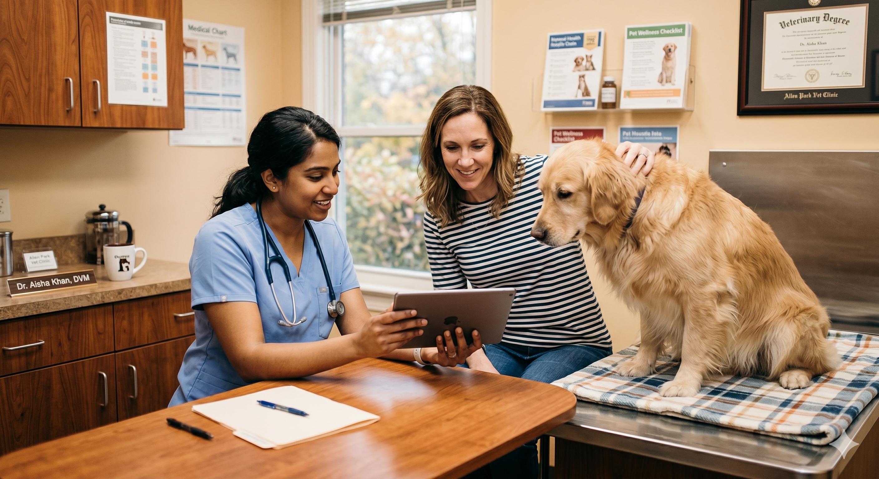 Vet and owner with a golden retriever reviewing records on a tablet