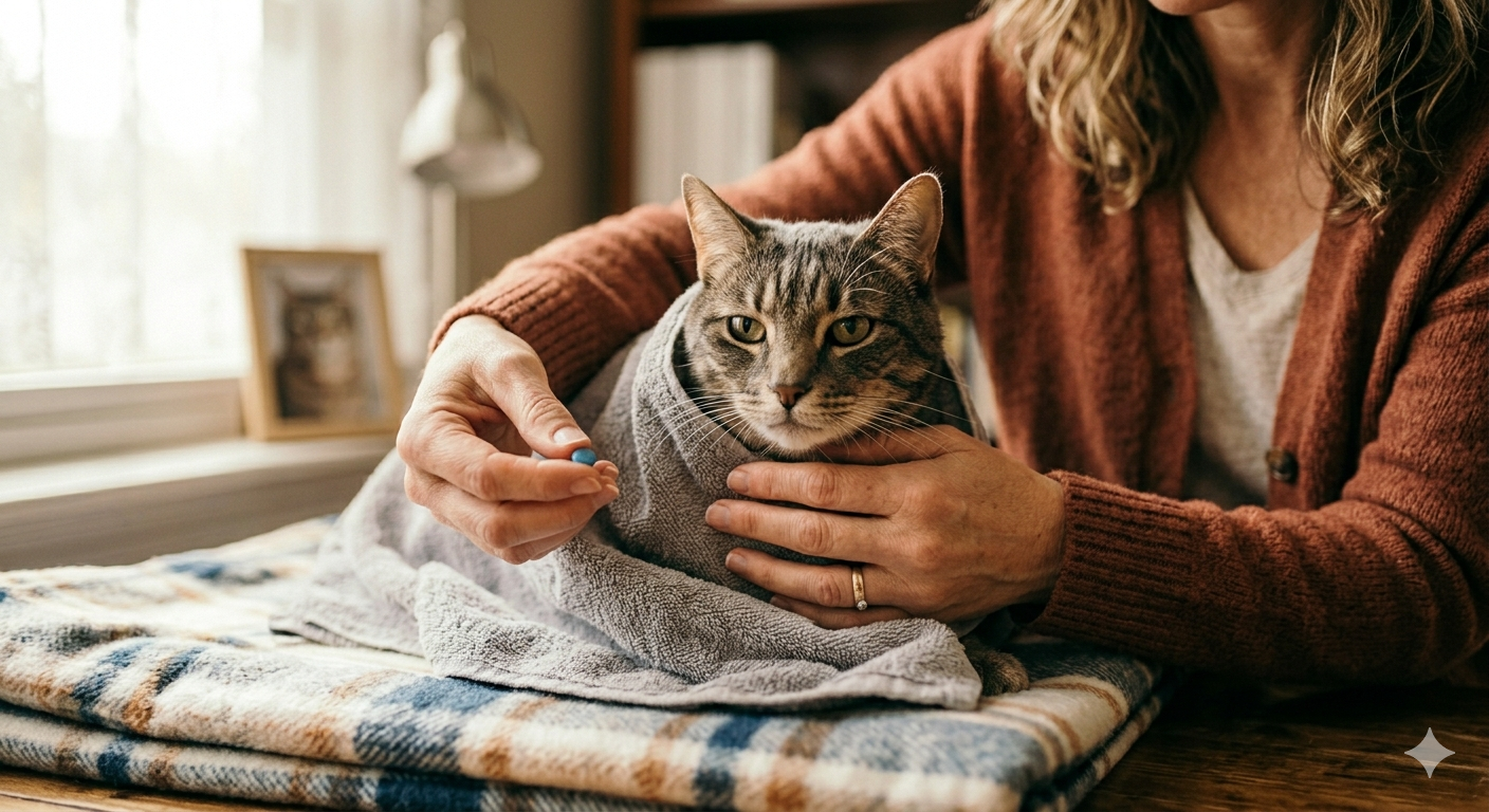 Cat wrapped in a towel being given medication