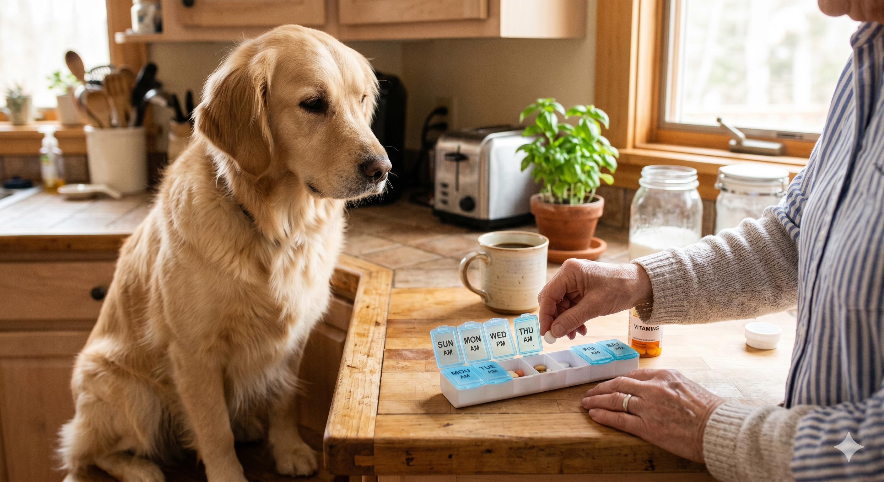 Pet owner giving medication to a dog