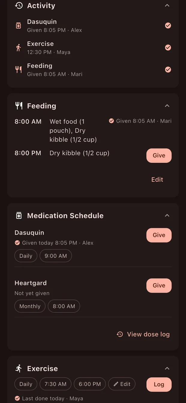 Pett activity feed showing who logged each task: Alex gave the medication, Maya walked the dog, Mari handled feeding.