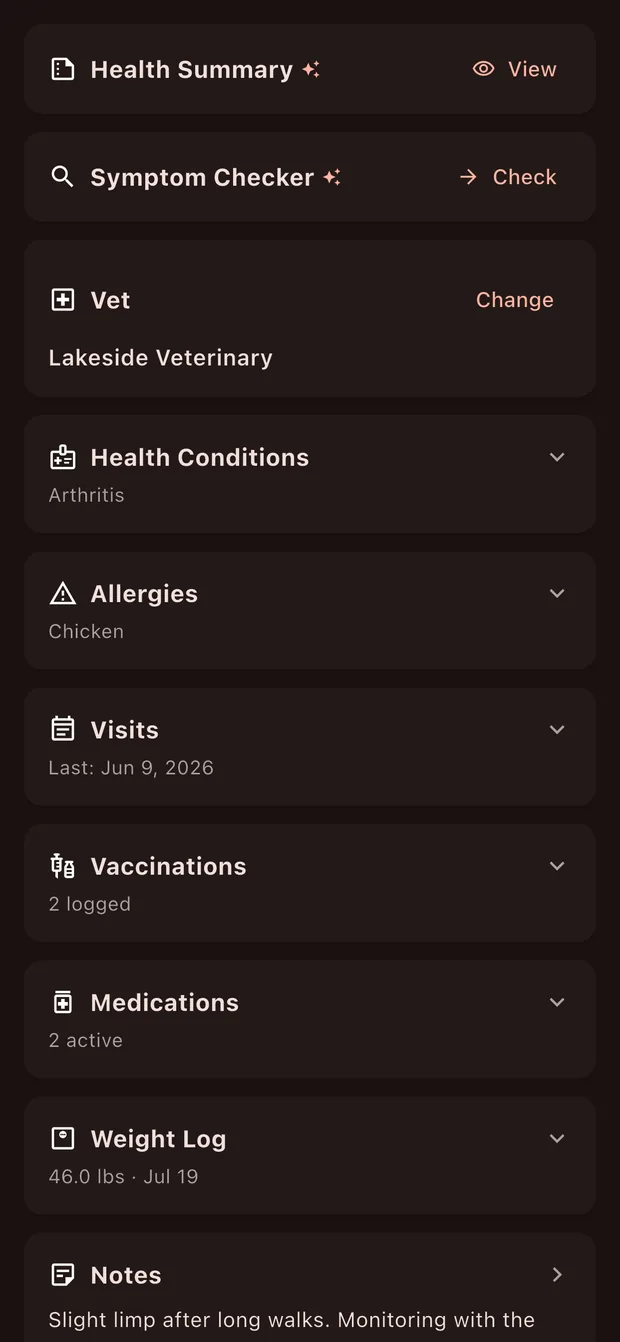 Pett health summary with vet visits, vaccinations, allergies, medications, and weight in one view.