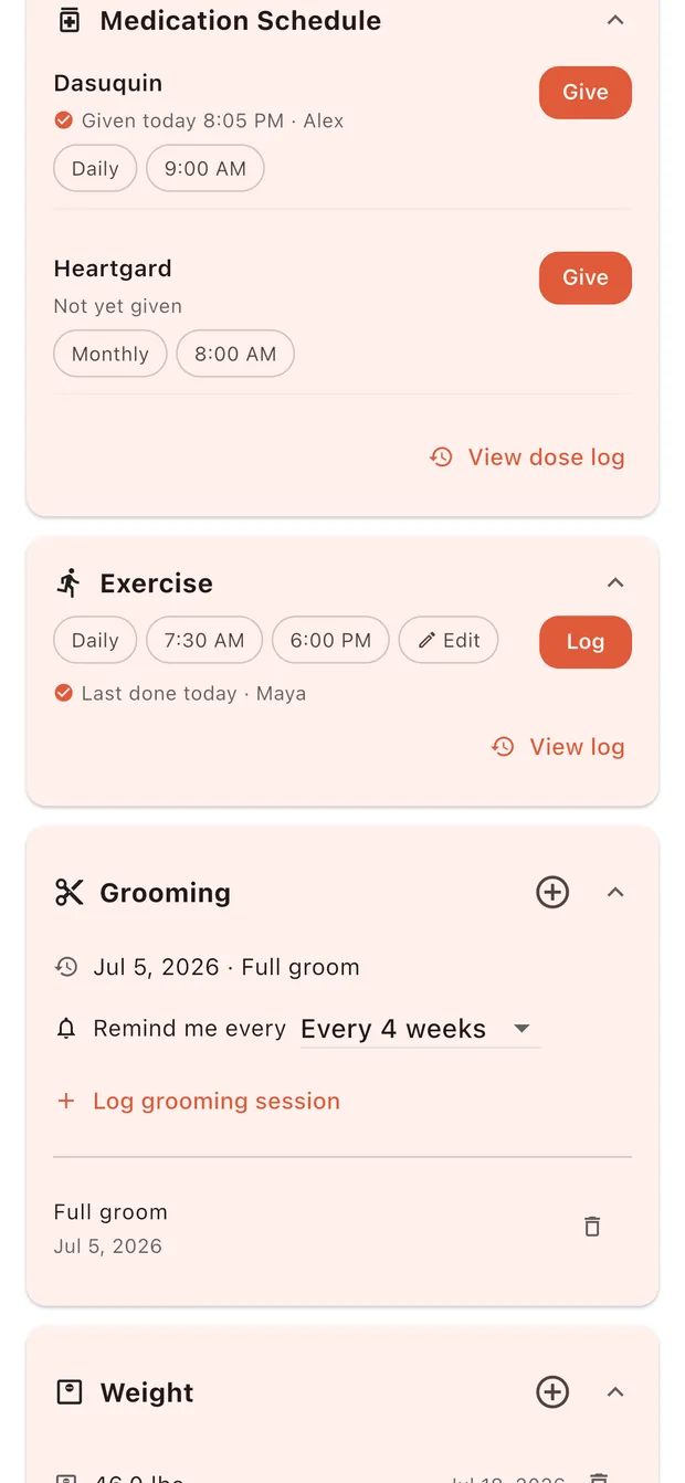 Pett medication schedule with daily and monthly doses, each showing when it was last given.
