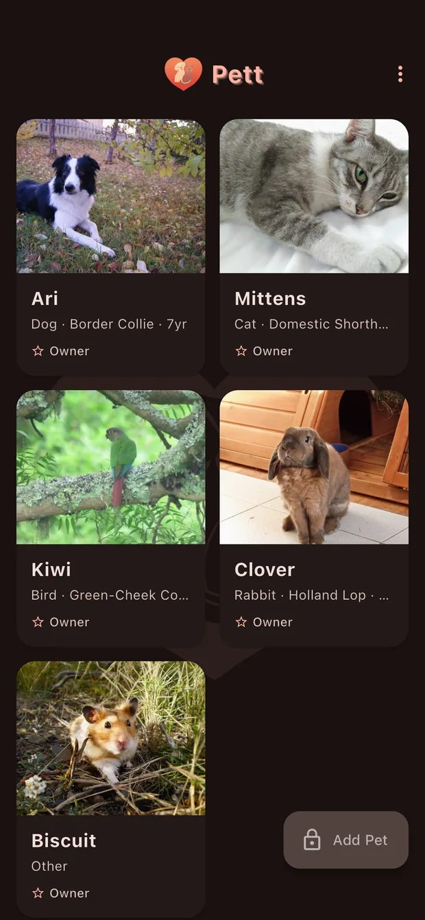 The Pett home screen showing a family's pets: a dog, cat, bird and rabbit, each with their own profile.